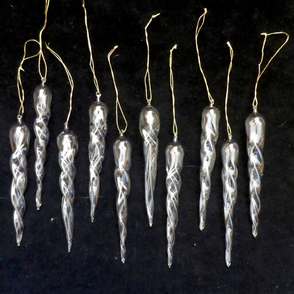 NEW 6” VINTAGE CHRISTMAS BLOWN CLEAR GLASS TWISTING ICICLE ORNAMENT LOT OF 10